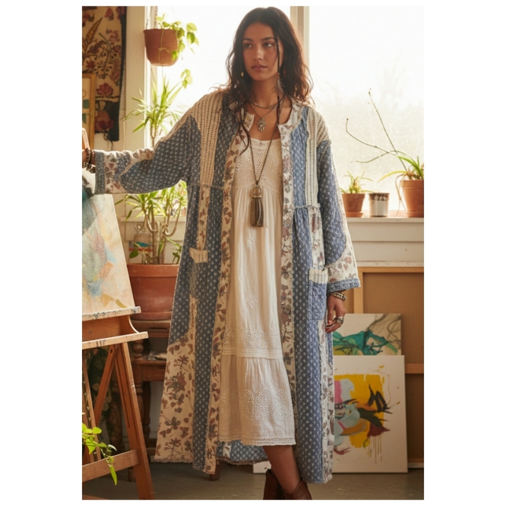 POL Blue and Cream Patchwork Kimono
